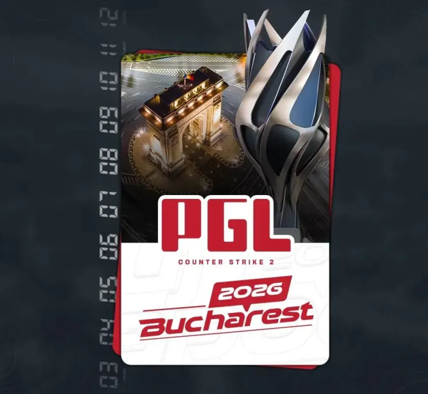 Arte oficial da PGL Masters Bucharest 2026 com o troféu e o Arco do Triunfo, em Bucareste