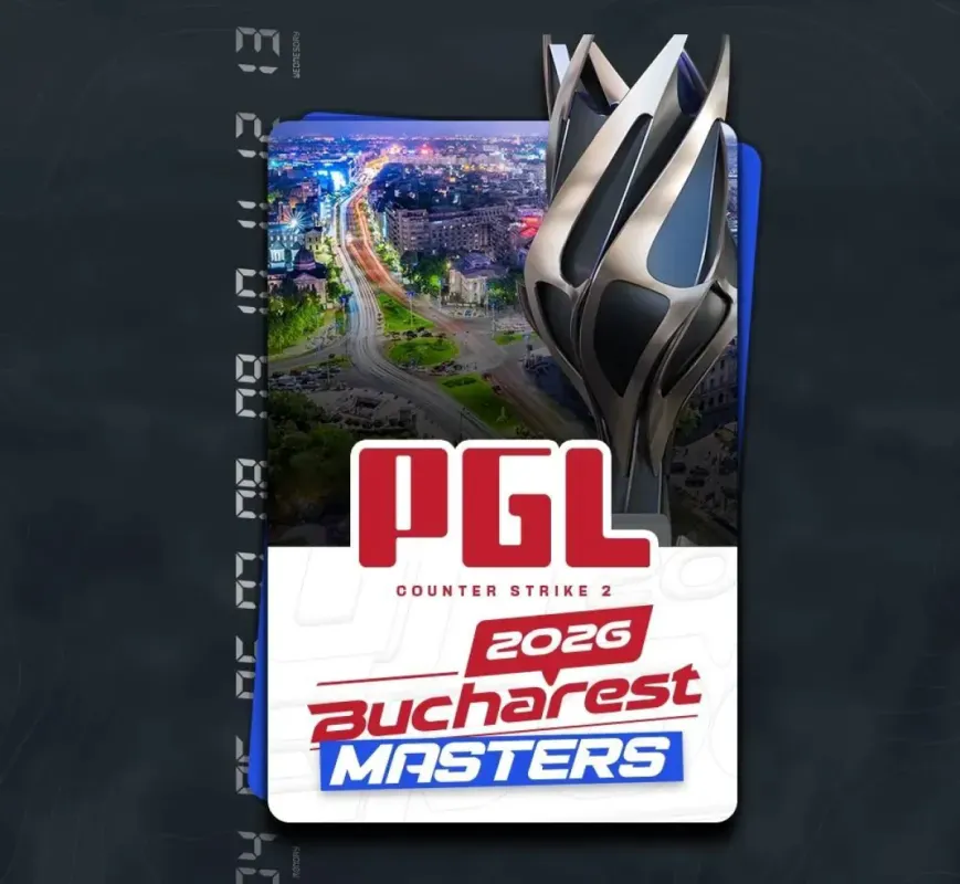 Arte oficial da PGL Masters Bucharest 2026 com o troféu e vista de Bucareste