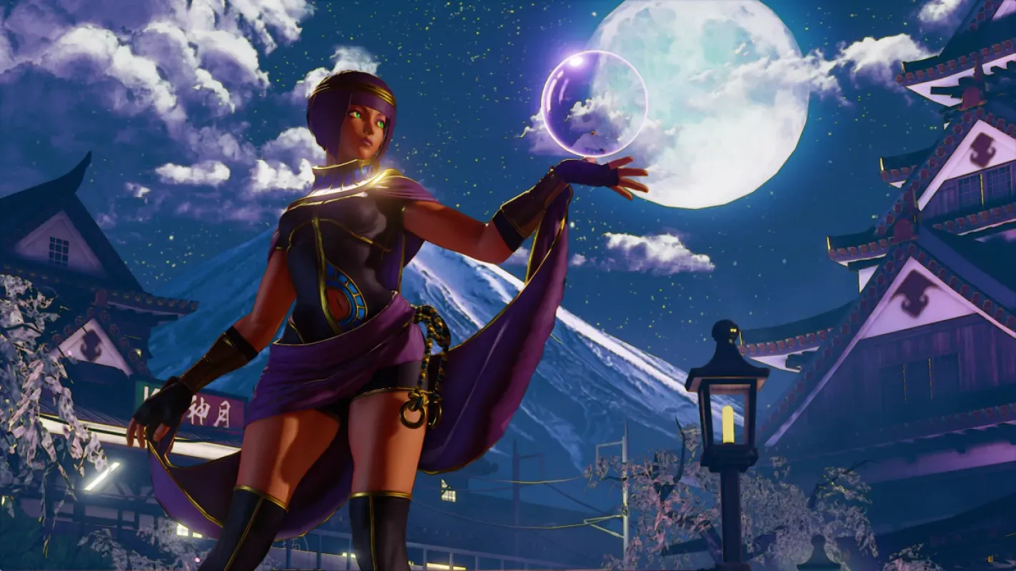 A lutadora Menat em pose de combate sob a lua cheia em um cenário de Street Fighter 5
