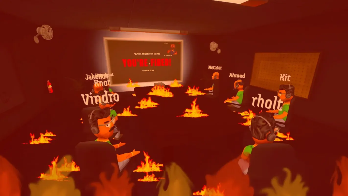 Escritório de call center em chamas, com personagens em baias, em Scam With Your Friends