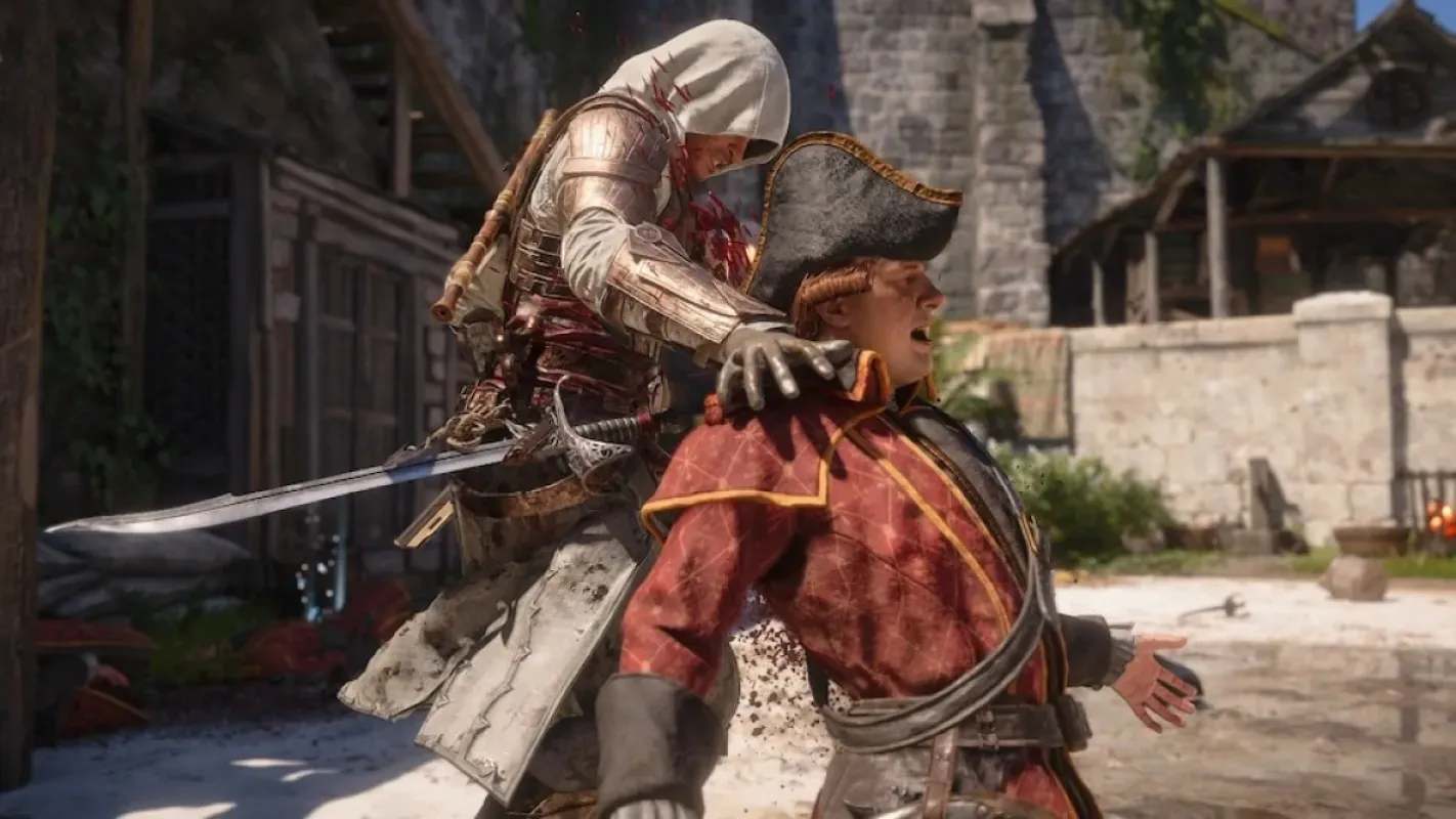Edward Kenway finaliza um soldado com as lâminas ocultas em uma vila do Caribe