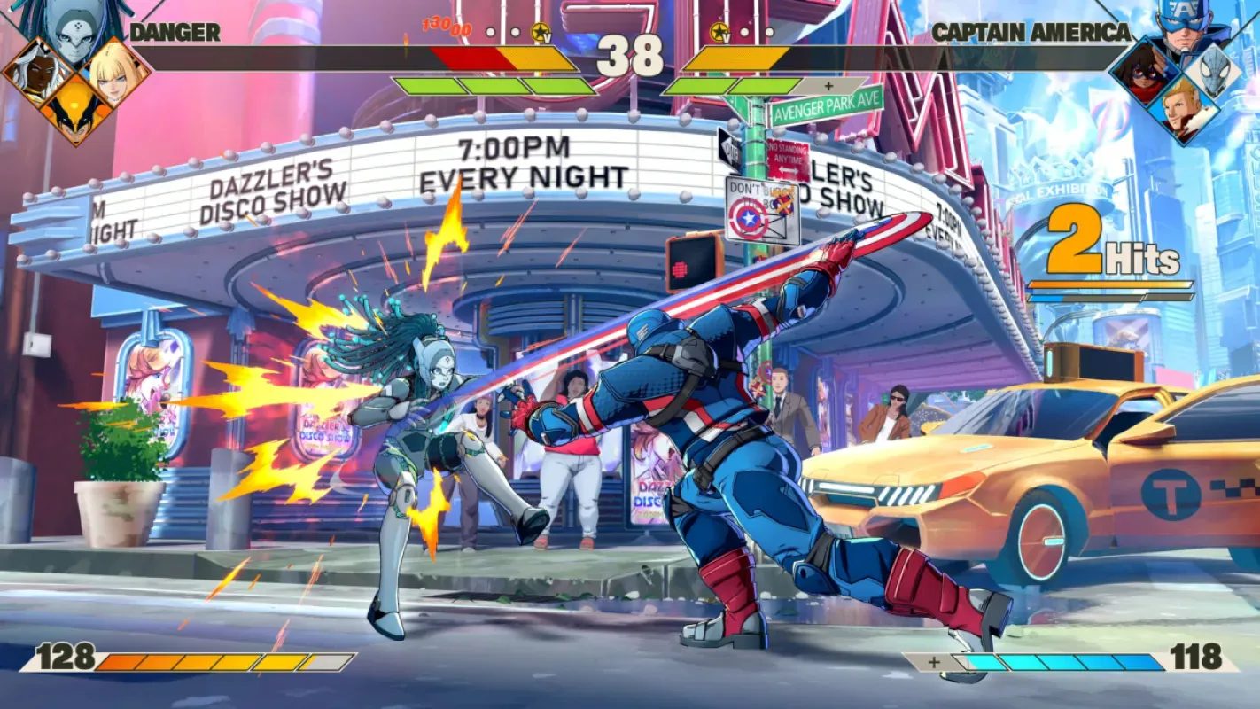 Capitão América enfrenta um adversário em uma rua de Nova York, com a barra de vida dos lutadores no topo da tela, em Marvel Tōkon