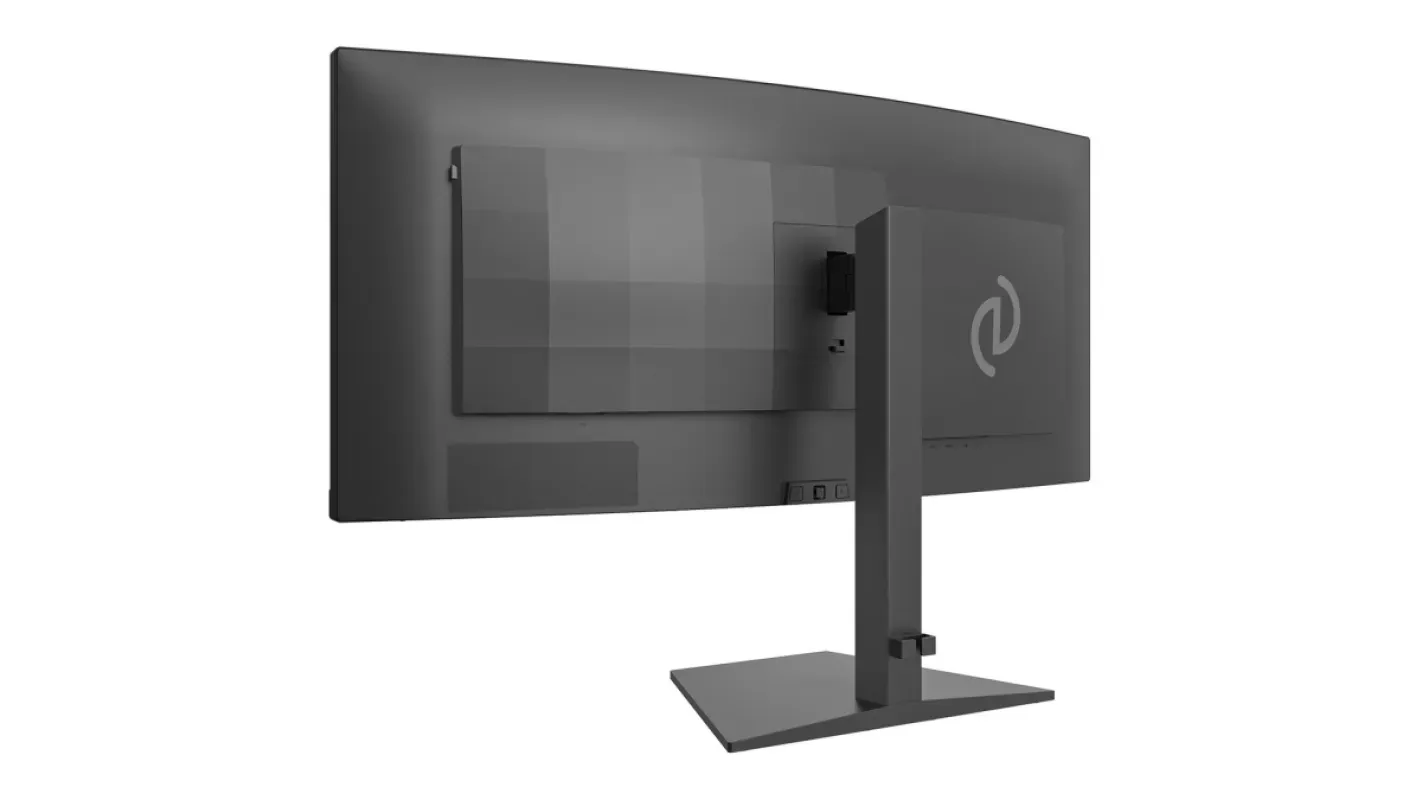 Traseira do monitor Philips Evnia 36M4C5500P com o logo da linha Evnia e a base de ajuste de altura