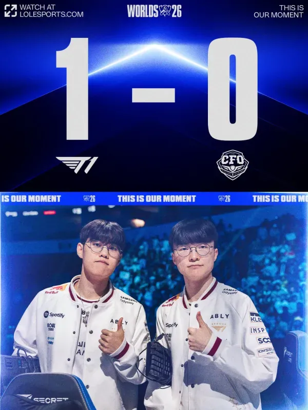 Arte da LoL Esports com a vitória da T1 sobre a CTBC Flying Oyster na fase suíça do Worlds 2026