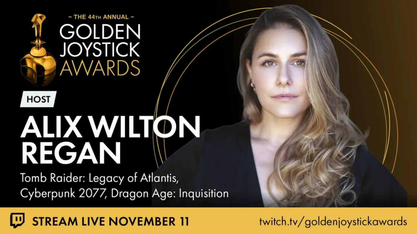 Arte oficial do Golden Joystick Awards 2026 anunciando Alix Wilton Regan como apresentadora
