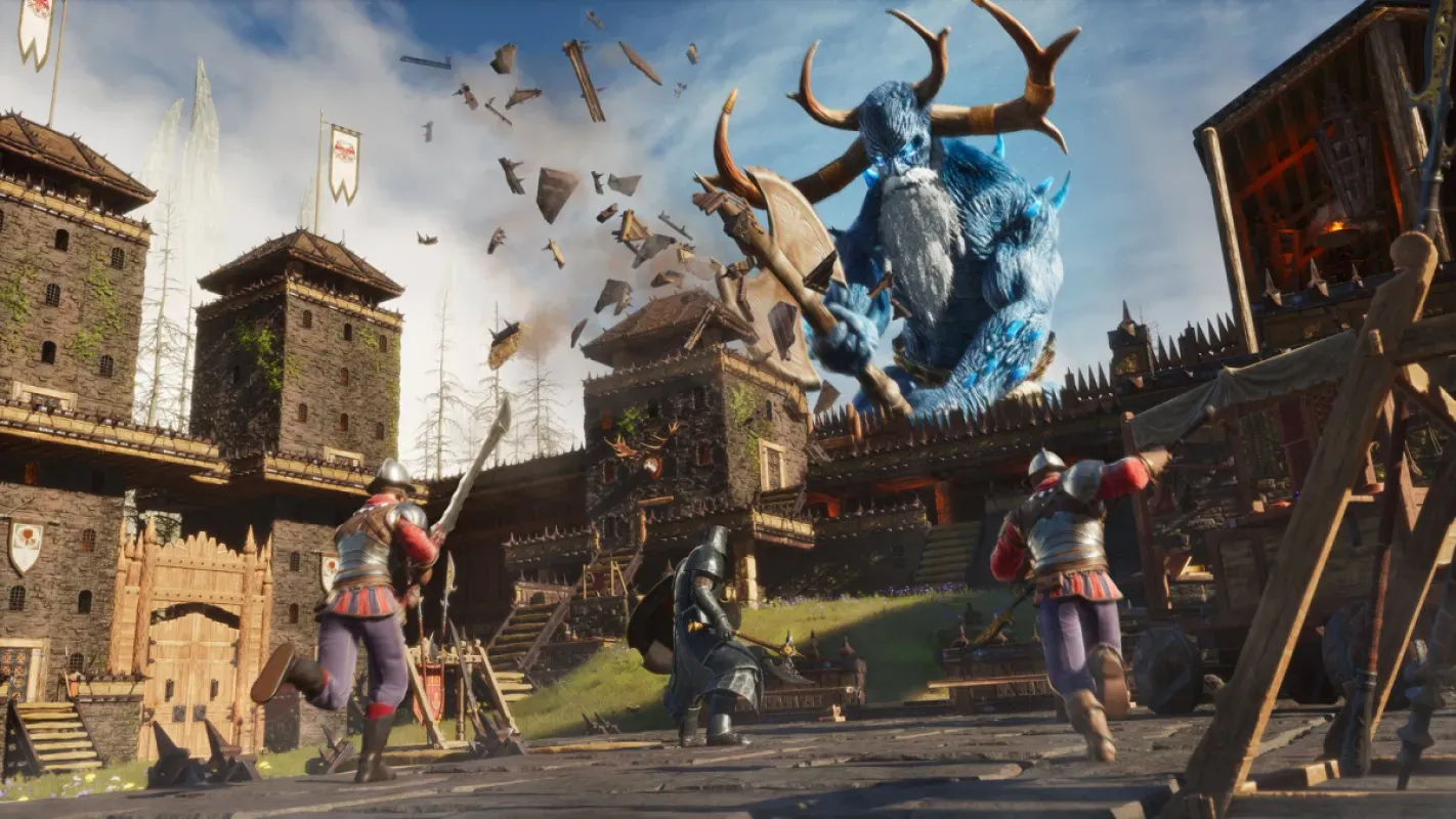 Gigante ataca uma fortaleza em captura de Conan Exiles Enhanced para PS5