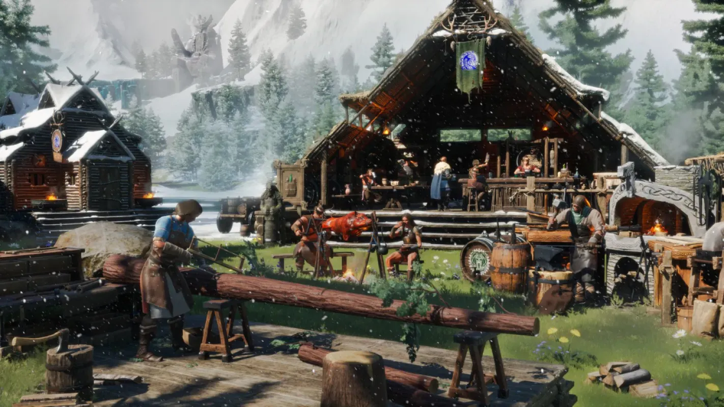 Vila nevada com construções de madeira em Conan Exiles Enhanced