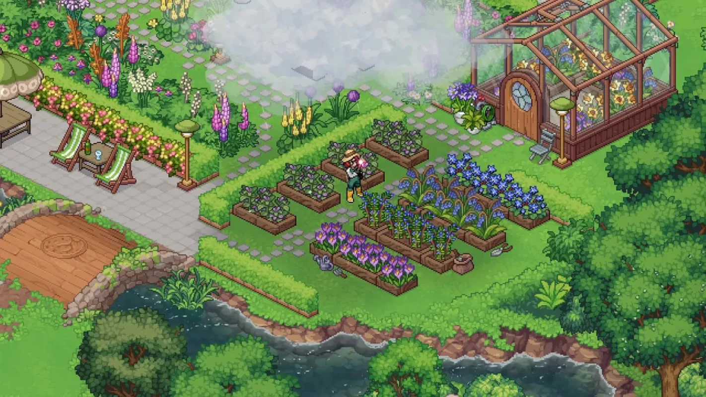 Cena de Witchbrook com jardim e estufa em visão isométrica