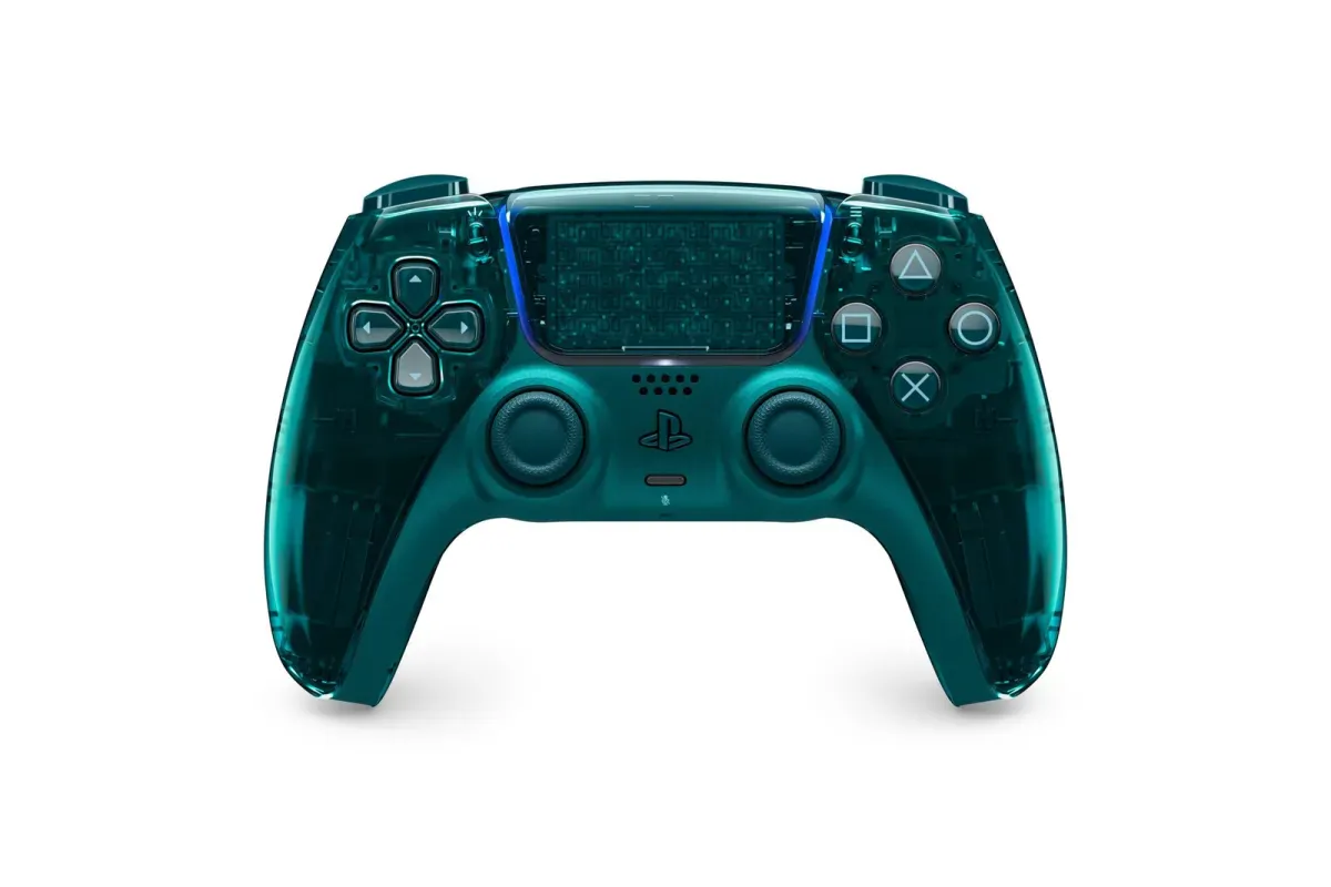 Controle DualSense transparente verde Emerald Green da Prism Collection, visto de frente