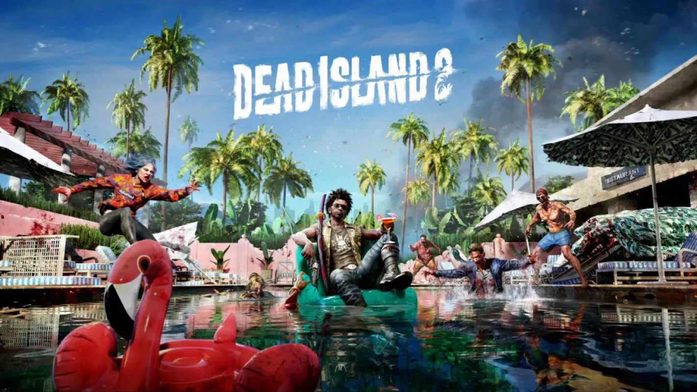 Arte de Dead Island 2 com personagens à beira de uma piscina em Los Angeles