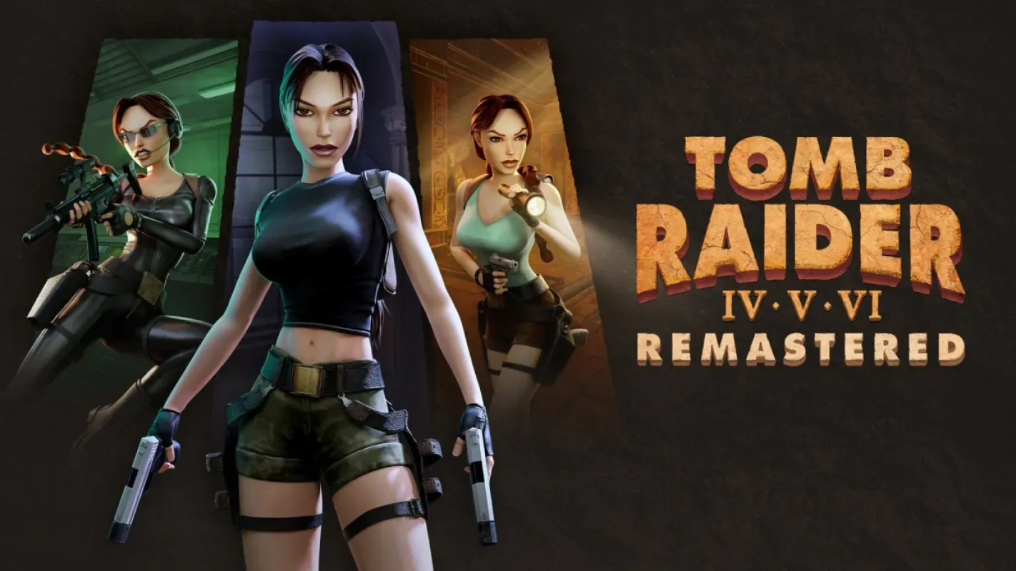 Arte de Tomb Raider IV-VI Remastered com três versões de Lara Croft