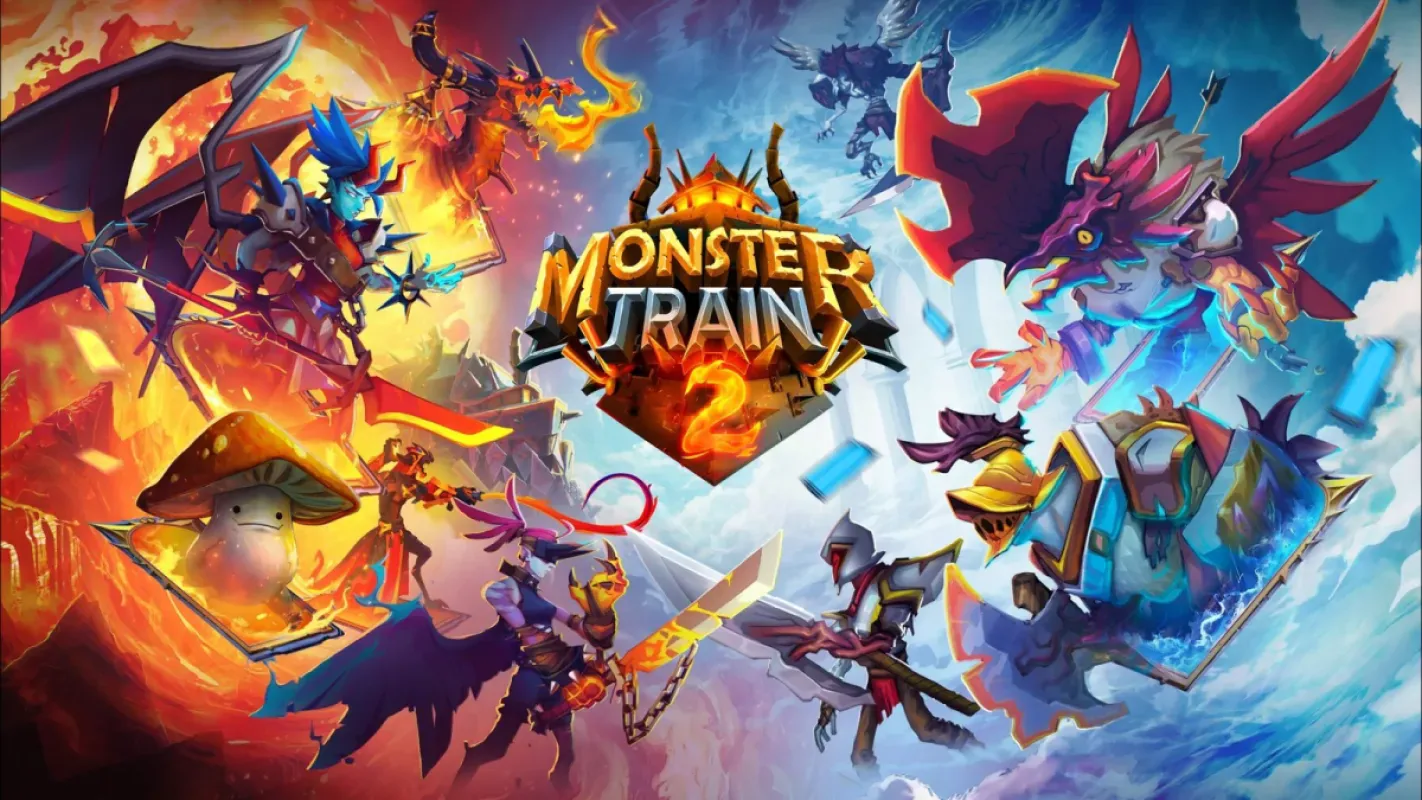 Arte de Monster Train 2 com anjos e demônios em batalha
