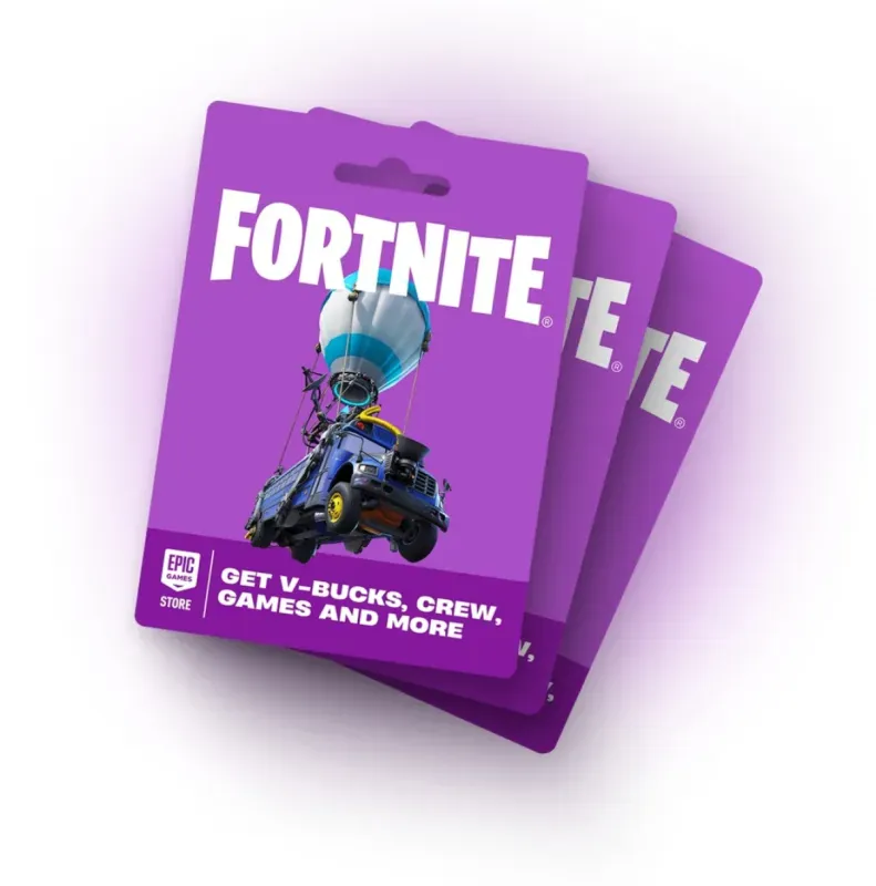 Três cartões-presente roxos de Fortnite com o ônibus de batalha e a frase Get V-Bucks, Crew, Games and More