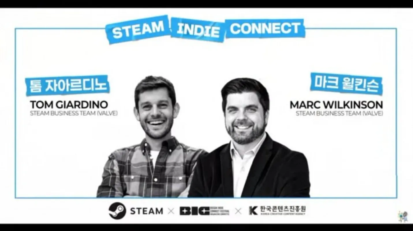 Cartaz do Steam Indie Connect com Tom Giardino e Marc Wilkinson, da Valve