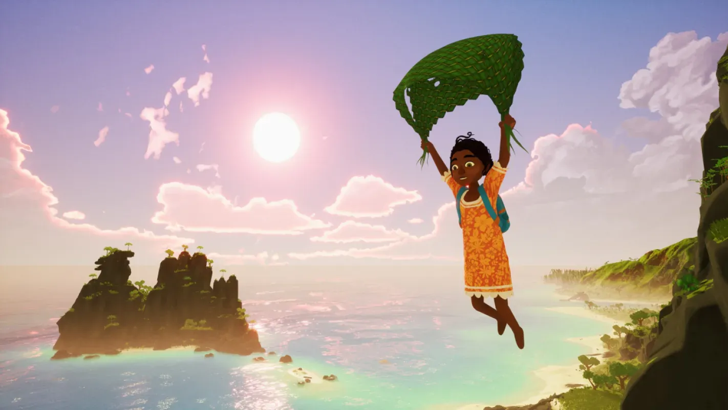 Menina de Tchia plana segurando uma folha sobre o mar de uma ilha tropical sob o sol
