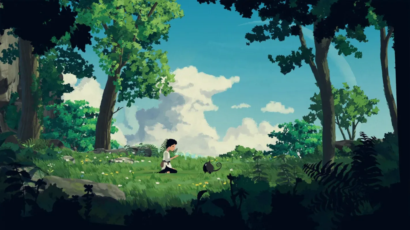 Personagem de Planet of Lana caminha por uma clareira de floresta em cenário 2D colorido