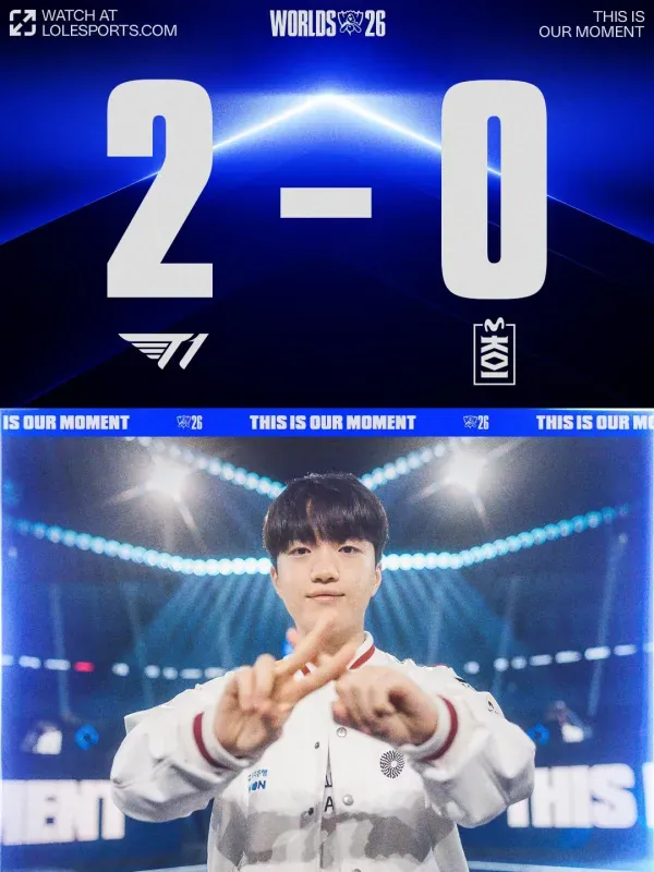 Arte oficial do Worlds 2026 com o placar de 2 a 0 da T1 sobre a Movistar KOI