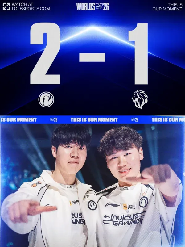 Arte oficial do Worlds 2026 com a vitória da Invictus Gaming por 2 a 1 sobre a LYON