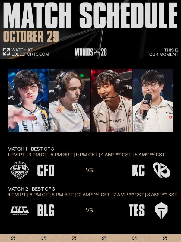 Agenda oficial do Worlds 2026 para 29 de outubro, com CTBC Flying Oyster x Karmine Corp e Bilibili Gaming x Top Esports