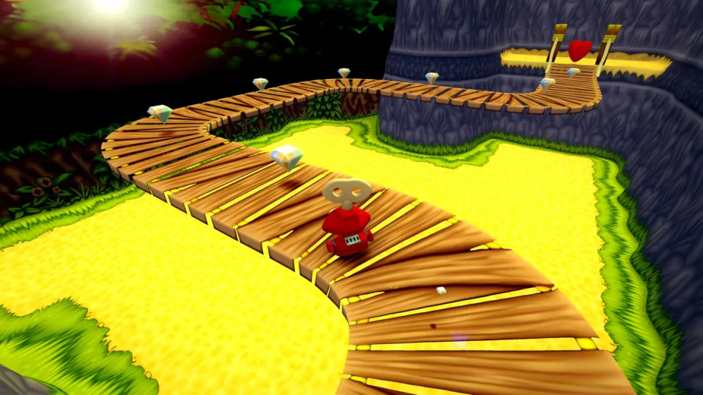 Croc atravessa uma ponte de madeira em cena do remaster de Croc 2 Kingdom of the Gobbos
