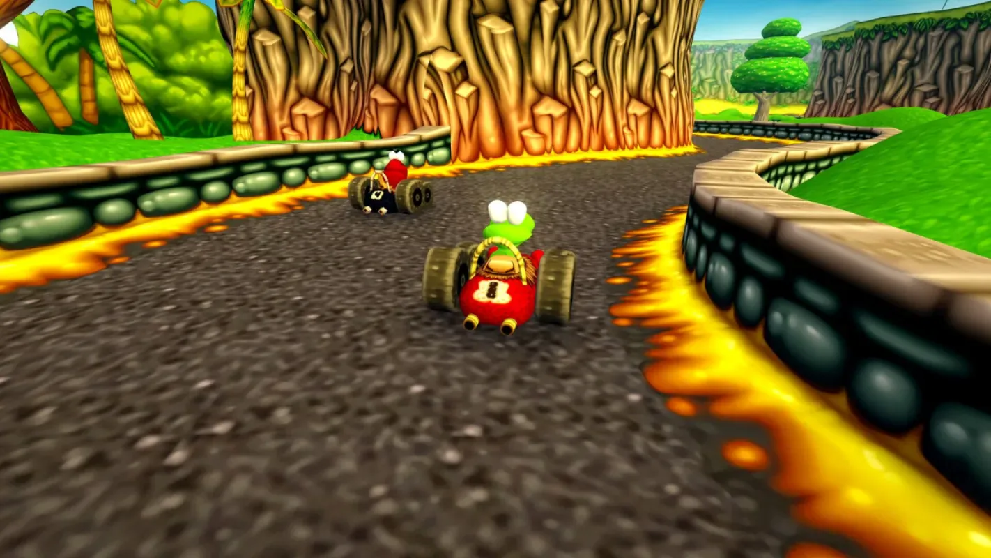 Croc pilota um carrinho numa fase de corrida de Croc 2 Kingdom of the Gobbos