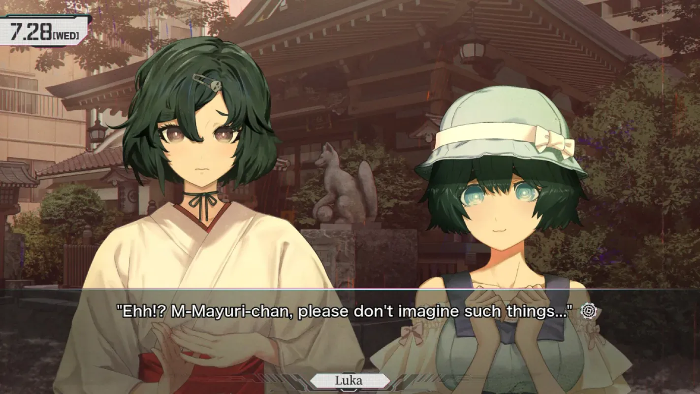 Duas personagens de Steins;Gate Re:Boot conversam em frente a um templo, com o visual redesenhado por huke