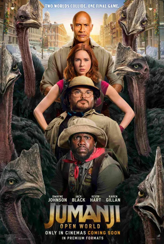 Pôster internacional de Jumanji: Open World com os quatro avatares cercados por criaturas do jogo