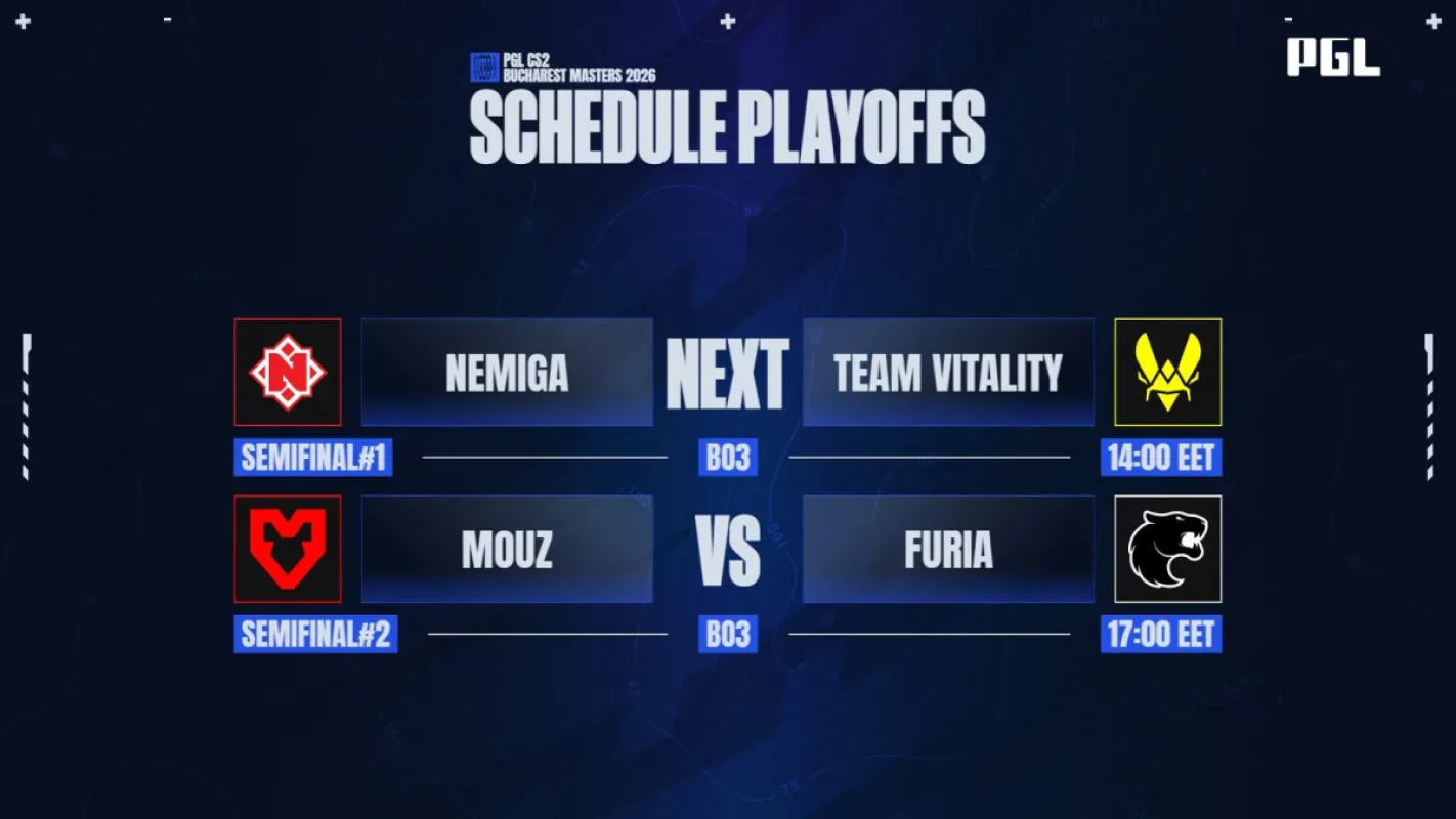 Arte oficial da PGL com os horários das semifinais: Nemiga x Vitality e MOUZ x FURIA