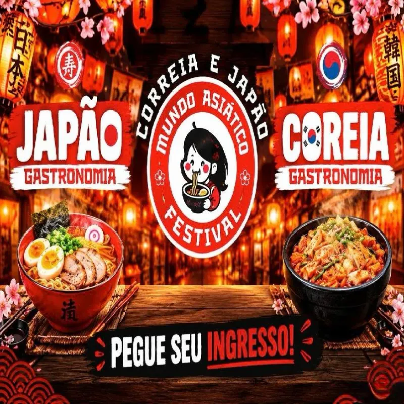 Arte do Festival Mundo Asiático com os temas Japão e Coreia e pratos de ramen