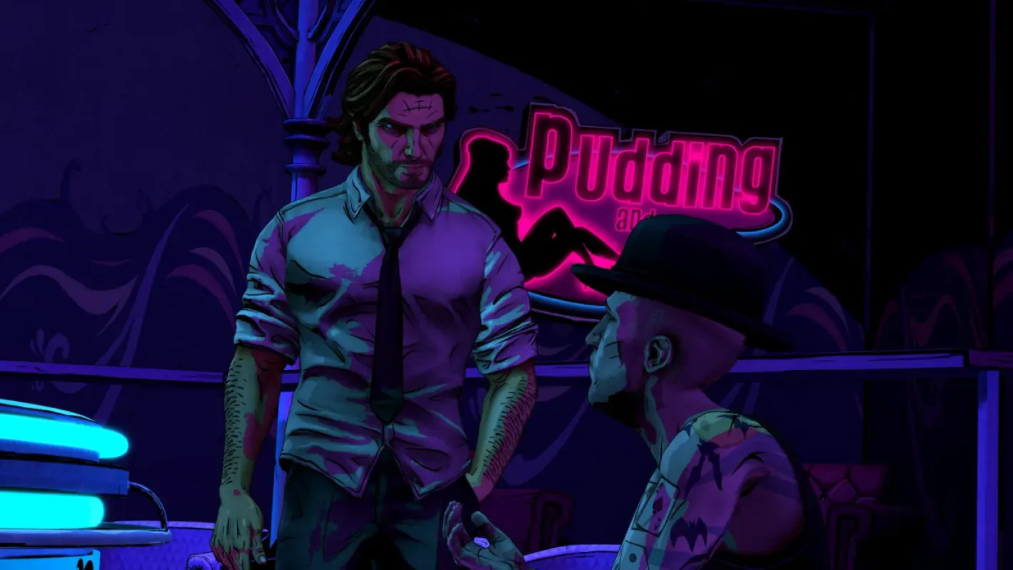 Bigby Wolf diante de um letreiro neon em The Wolf Among Us Remastered