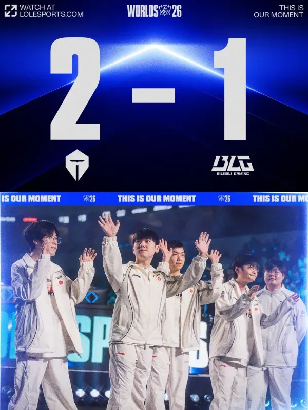 Arte oficial do Worlds 2026 com a vitória da Top Esports por 2 a 1 sobre a Bilibili Gaming e os jogadores da TES no palco
