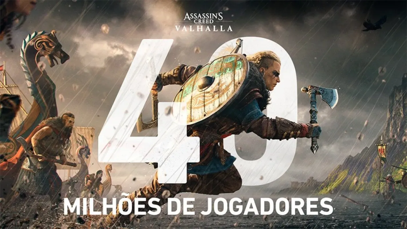 Arte oficial de Assassin's Creed Valhalla comemorando 40 milhões de jogadores, com Eivor em combate