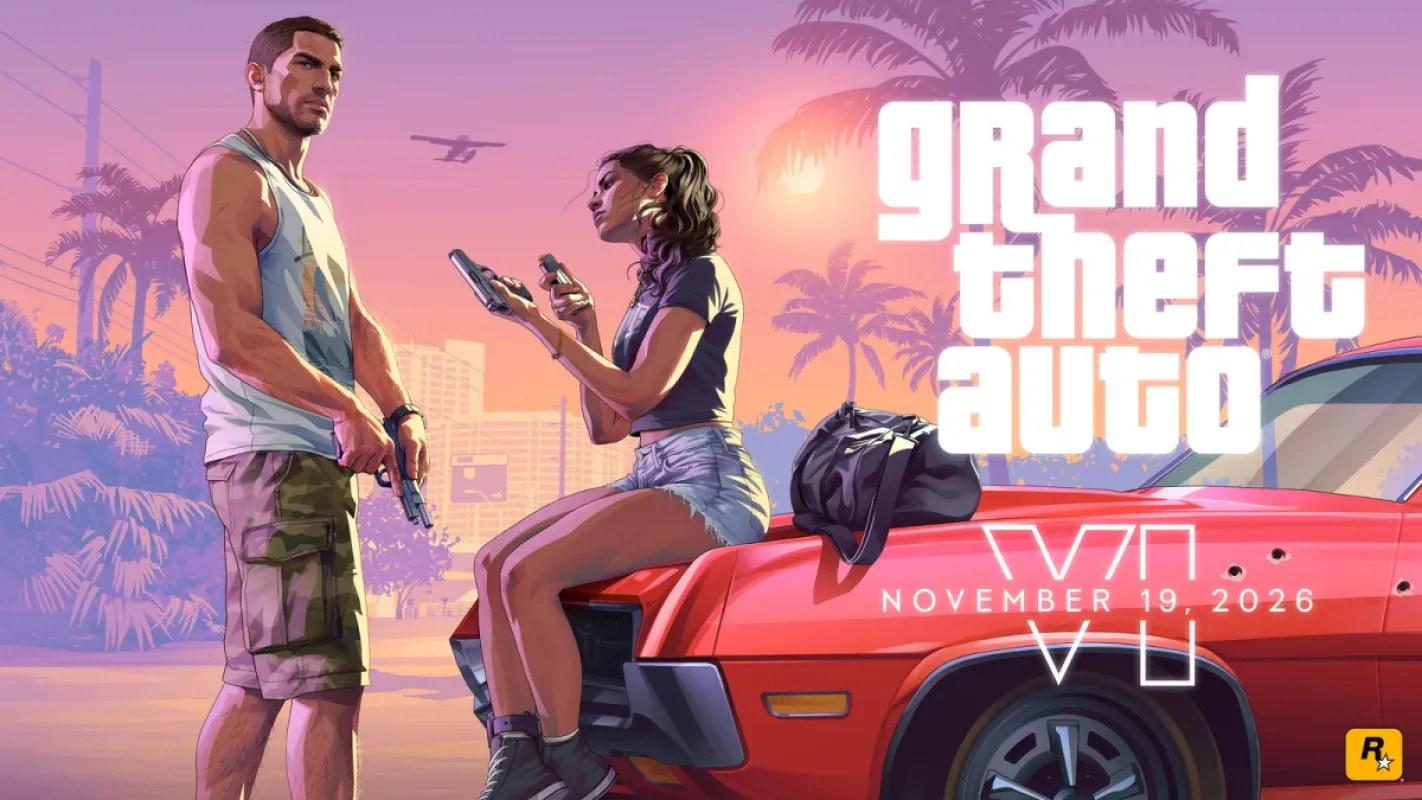 Arte oficial de Grand Theft Auto VI com Jason e Lucia e a data de lançamento, 19 de novembro de 2026