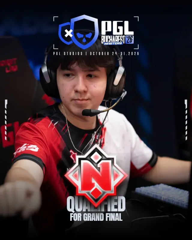 Arte oficial da PGL com jogador da Nemiga e a mensagem de classificação para a grande final da PGL Masters Bucharest 2026