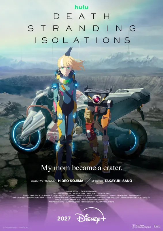 Pôster oficial de Death Stranding Isolations com a protagonista loira ao lado de um veículo e a frase My mom became a crater