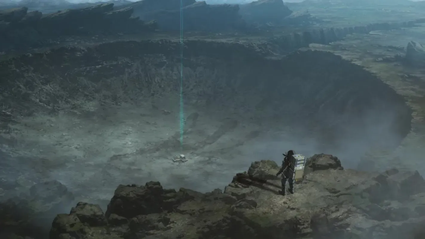 Cena do teaser de Death Stranding Isolations com uma figura solitária diante de uma cratera gigantesca
