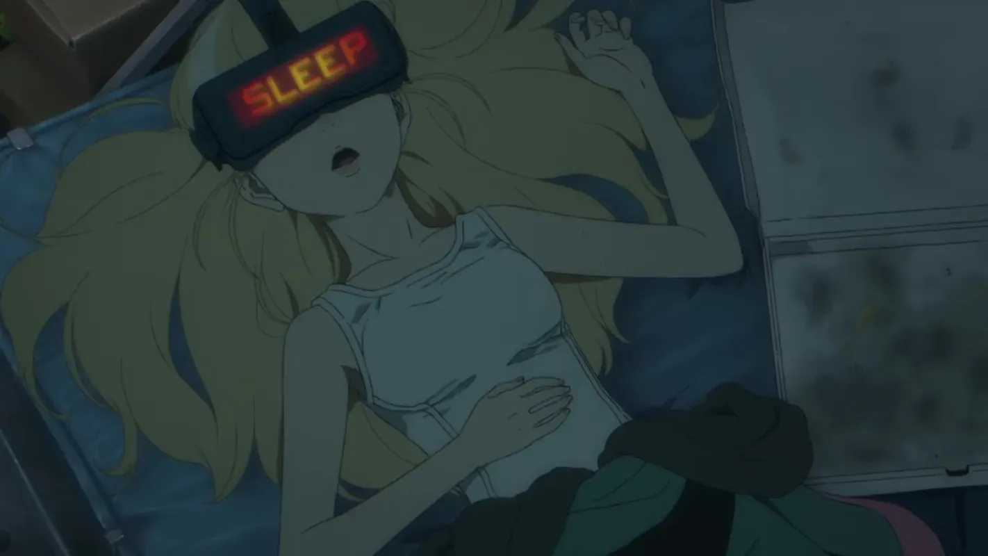 Cena do teaser de Death Stranding Isolations com a protagonista dormindo com um visor que exibe a palavra SLEEP