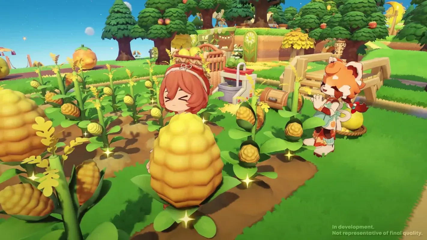 Plantação de milhos gigantes em Petit Planet, com personagens e um vizinho em forma de panda-vermelho
