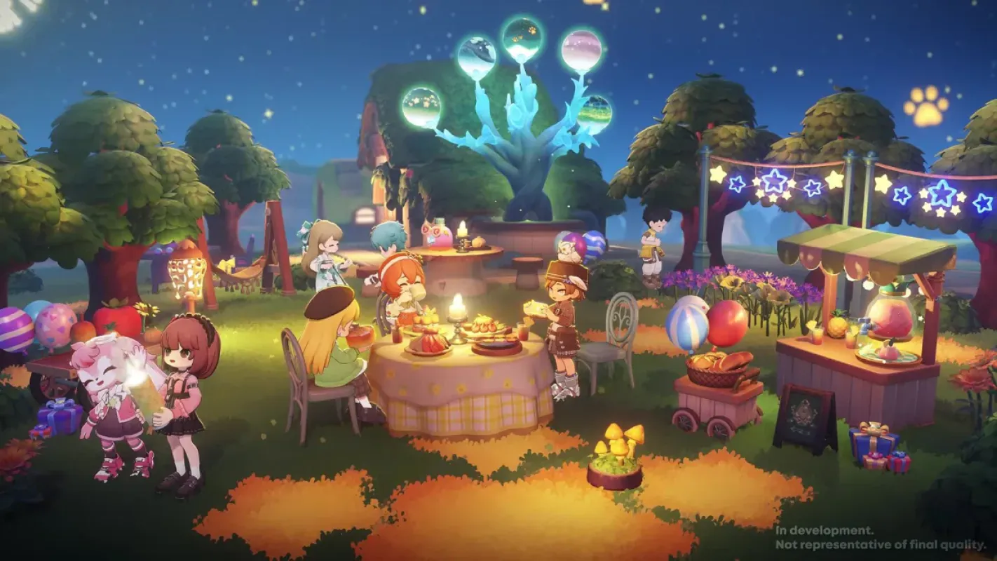 Festa noturna de piquenique em Petit Planet, com barracas iluminadas e moradores reunidos