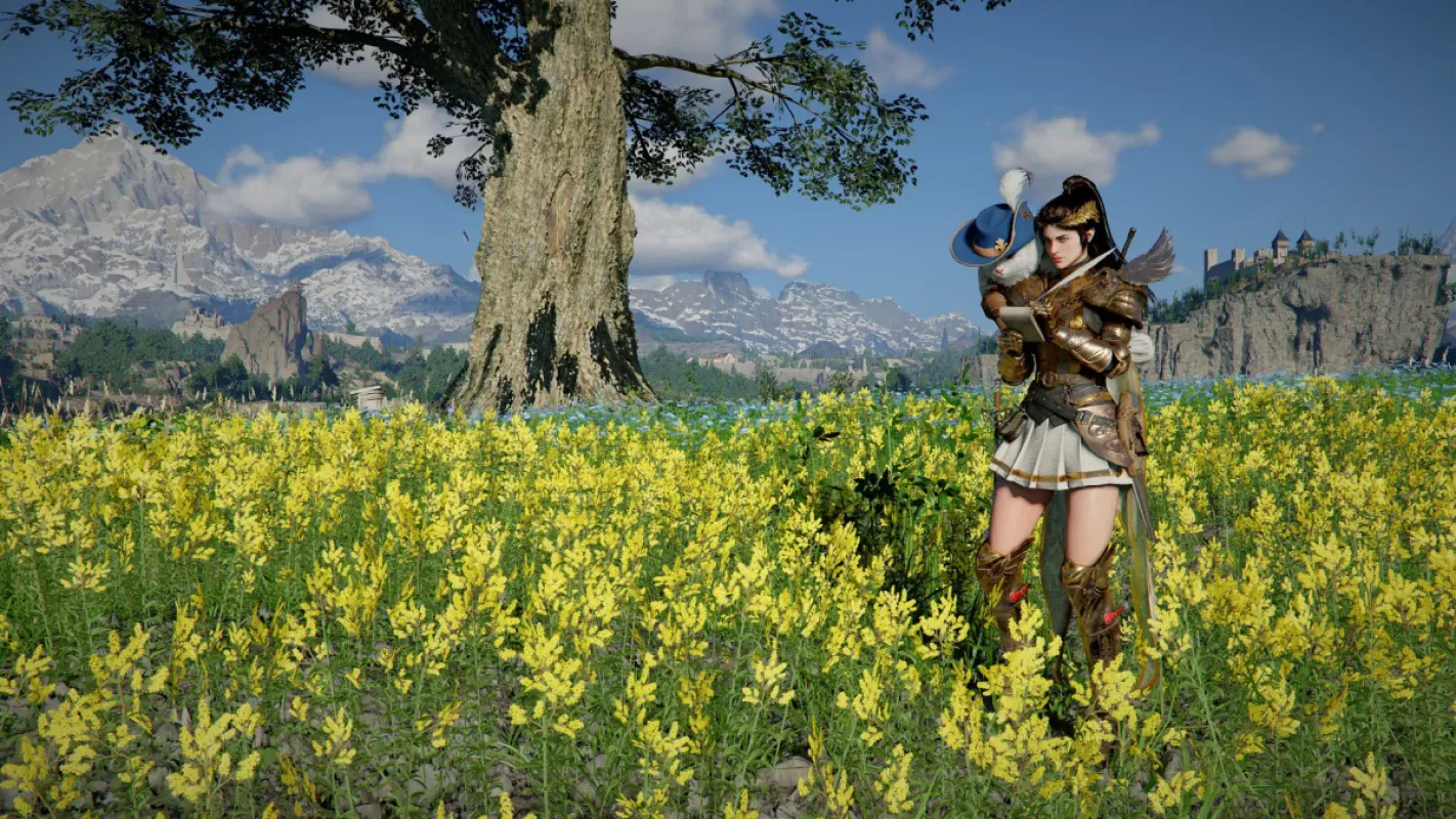 Personagem de Crimson Desert Enhanced em um campo de flores amarelas, com montanhas ao fundo